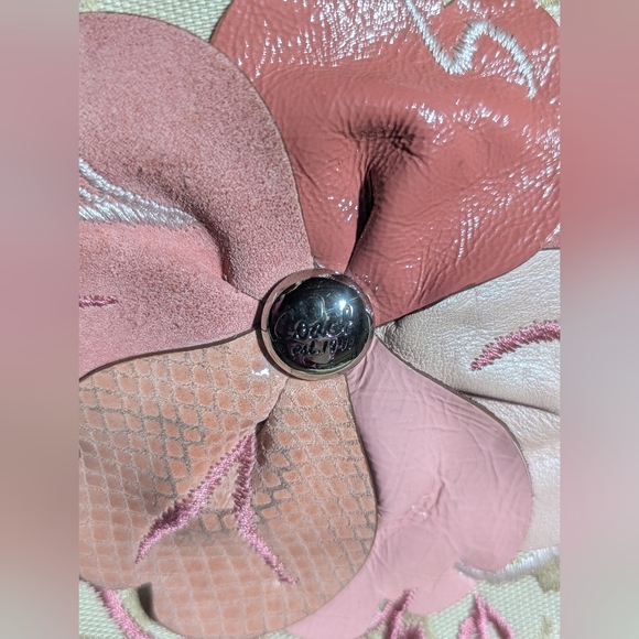 Coach Signature Floral Applique Tote Tan Pink Canvas Leather Bag - Picture 14 of 15